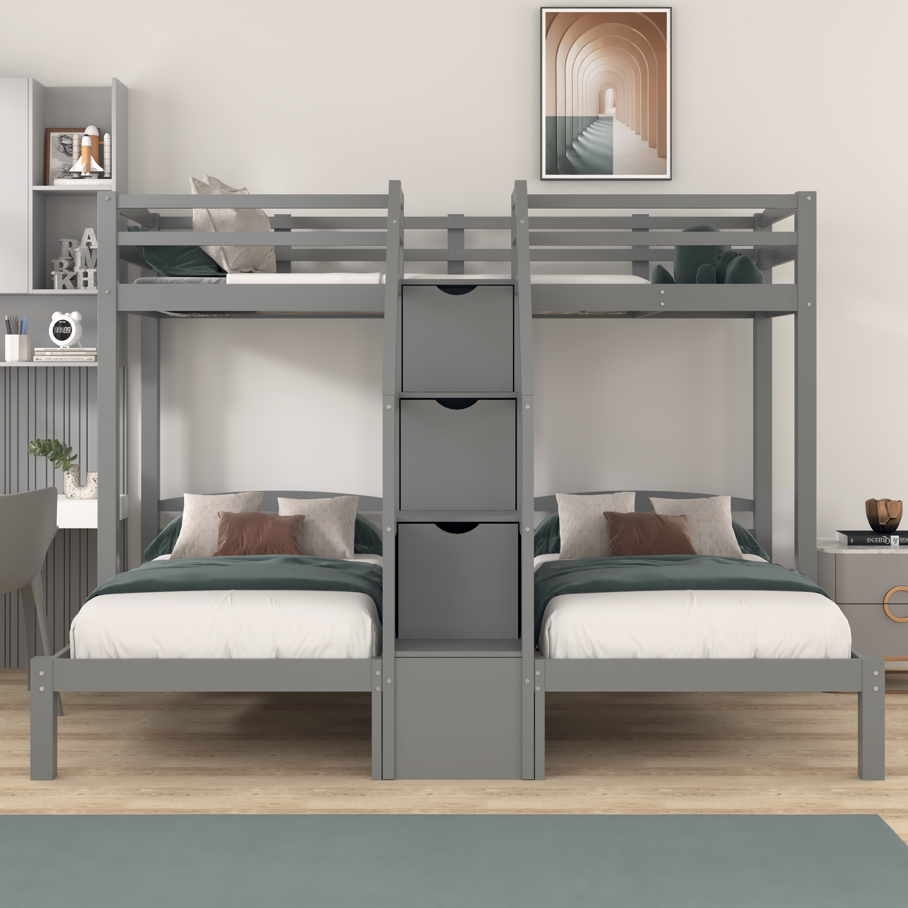 Ethelreda Twin Over Twin Over Twin 3 Drawer Bunk Bed with Built in Desk by Harriet Bee Harriet Bee Bed Frame Color Gray